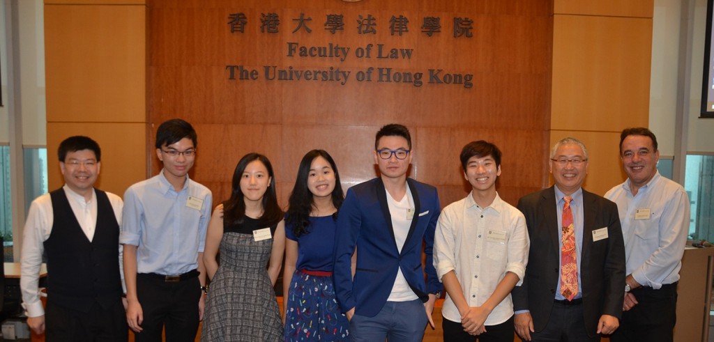 The first batch of HKU-UCL students attends the event with blessings from the participants for their new paths in their pursuance of legal knowledge. (From left) Mr Andrew Ng, Curtis Pak, Lillian Wong, Emily Ha, Chi Yan Ho, Clement Cheung, Professor Michael Hor and Professor John Lowry.