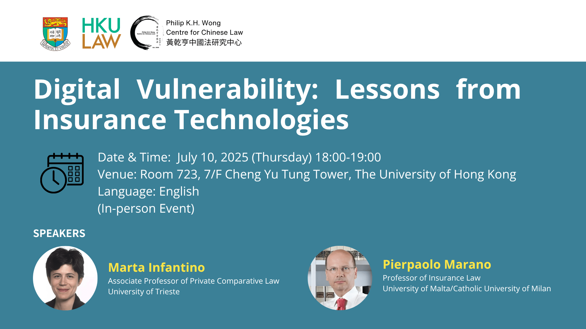 
Digital Vulnerability: Lessons from Insurance Technologies 
  
Date & Time: July 10, 2025 (Thursday) 18:00-19:00 
Venue: Room 723, 7/F Cheng Yu Tung Tower, The University of Hong Kong 
Language: English 
(In-person event) 
  
 
  
Abstract: 
Insurance companies have always been at the forefront of developments in the processing of large volumes of data, and nowadays are increasingly experimenting with automated quantification, digitalisation, IoT and predictive AI technologies. But what are the implications of these developments for policyholders? Are emerging insurance technologies enhancing the protection of the insured or making them more vulnerable? 
  
This talk seeks to answer these questions by analysing how insurance technologies are reshaping the insurance industry and its customers. It will explore whether the legal framework, particularly insurance regulation and emerging AI regulation, offers adequate safeguards in this evolving landscape. The session will also include interactive discussions on the extraterritorial impact of the EU legislation on non-EU based insurance companies and their customers. 
  
Speakers: 
Marta Infantino is Associate Professor of Private Comparative Law at the University of Trieste (Italy). She has been a Visiting Professor at prominent global institutions such as the Universidad de los Andes (Colombia) and the Université de Montréal (Canada). She is Associate Member of the International Academy of Comparative Law and Chair of the ‘Tort Law’ stream within the ‘Common Core of European Private Law’ project. She has published extensively in Italian, English and French on comparative tort law, comparative contract law, global legal indicators and emerging technologies for social quantification. 
  
Pierpaolo Marano is a Professor of Insurance Law at the University of Malta and the Catholic University of Milan. He is an academic member of Insurance and Reinsurance Stakeholder Group at European Insurance and Occupational Pensions Authority (EIOPA) and Co-Chair of International Insurance Law Association Europe (AIDA Europe). He leads the AIDA World Working Party on the Distribution of Insurance Products and has served as a visiting professor at several universities, including the University of Connecticut, China University of Political Science and Law (CUPL), the University of International Business and Economics (UIBE), and National Taiwan University. He has authored over 140 academic publications and directs the AIDA Europe Research Series on Insurance Law and Regulation, published by Springer. 
  
Discussant: 
Shu Li, Assistant Professor in Law and Technology, Erasmus School of Law, Erasmus University Rotterdam. 
  
Chair:
Pangyue Cheng, Global Academic Fellow, Faculty of Law, The University of Hong Kong. 
  
This is an in-person only event for the audience. Prior registration is required. Please visit https://bit.ly/4dXE2sb to register. For inquiries, please email Louisa at ccl921@hku.hk. 
  
To watch recordings of past CCL events, please subscribe to our newly launched YouTube channel: The Centre for Chinese Law - YouTube. To keep up with our activities, follow us on Twitter https://twitter.com/CCLHKU. Philip K.H. Wong Centre for Chinese Law at The University of Hong Kong promotes legal scholarship with the aim to develop a deeper understanding of China and facilitate dialogue between East and West. For more information, visit: Philip K.H. Wong Centre for Chinese Law 
